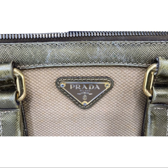 Prada Gold Saffiano & Canvas Tote Beige Leather Cross Body Bag with Entrupy - Picture 2 of 12